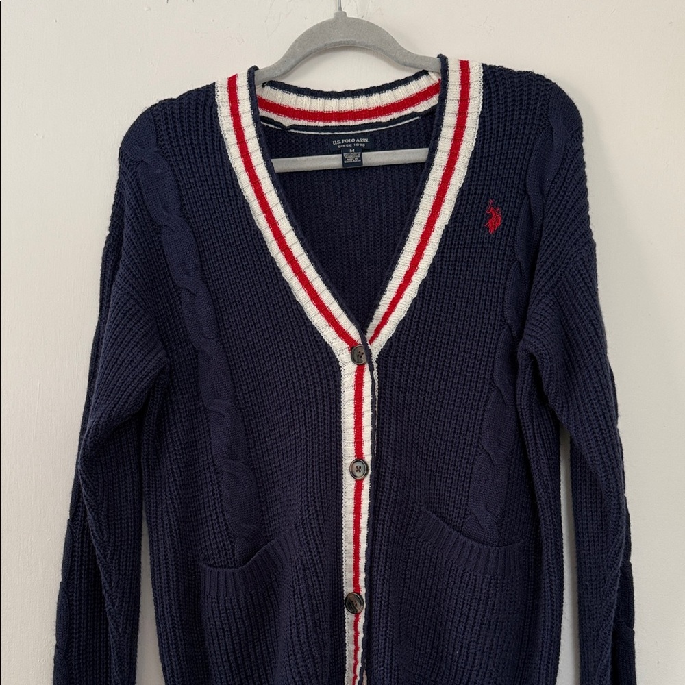 U.S. Polo Ralph Lauren Navy Cardigan with Red and White Accents